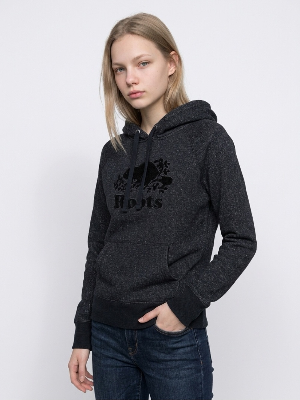 Roots Women's Heather Charcoal Black Hoodie with Logo